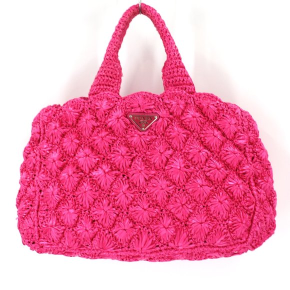 Prada Handbags - PRADA Pink Straw Raffia Tote Detachable Canvas Fuchsia Shoulder Strap Handbag